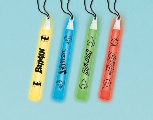 DC Justice League Batman/Superman/Aquaman/Flash Glow Stick Necklaces, Yellow/Blue/Green/Red, One Size, 4-pk, for Birthday Party Front_Flat