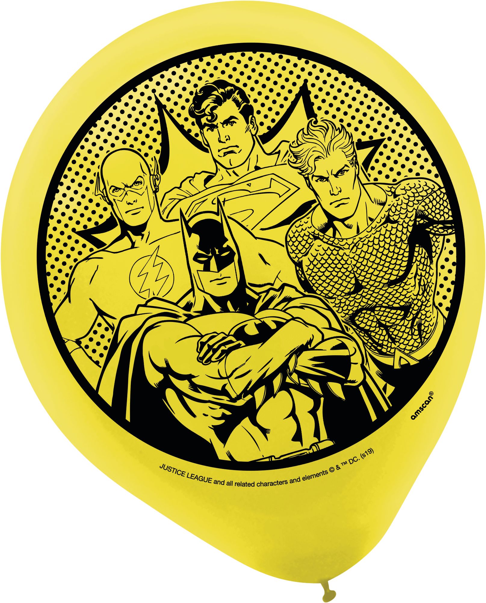 Ballons en latex rond DC La Ligue des Justiciers Superman/Flash/Batman, jaune/bleu/rouge, 12 po, paq. 6, pour fête d'anniversaire Front_Flat