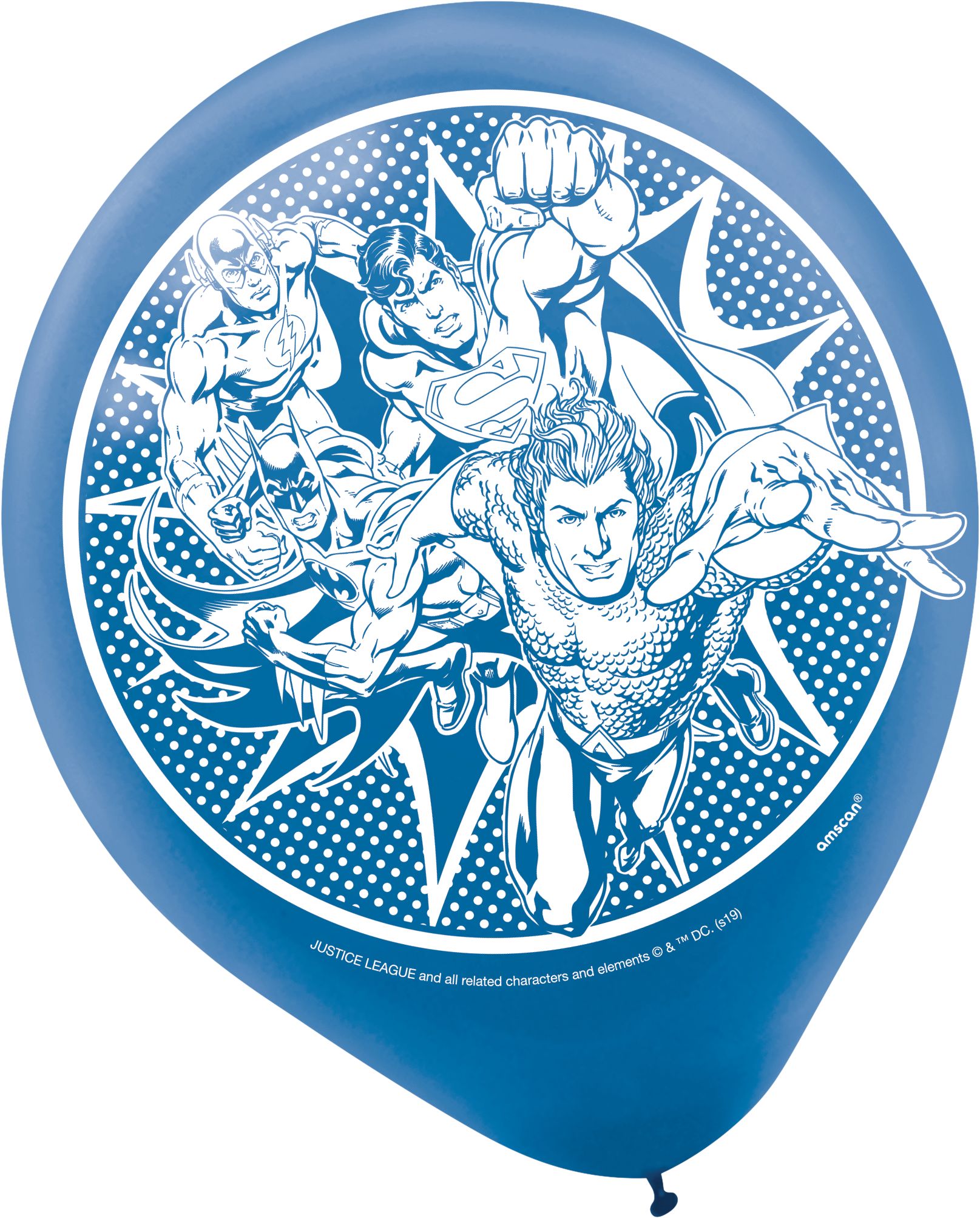 Ballons en latex rond DC La Ligue des Justiciers Superman/Flash/Batman, jaune/bleu/rouge, 12 po, paq. 6, pour fête d'anniversaire Front_Flat