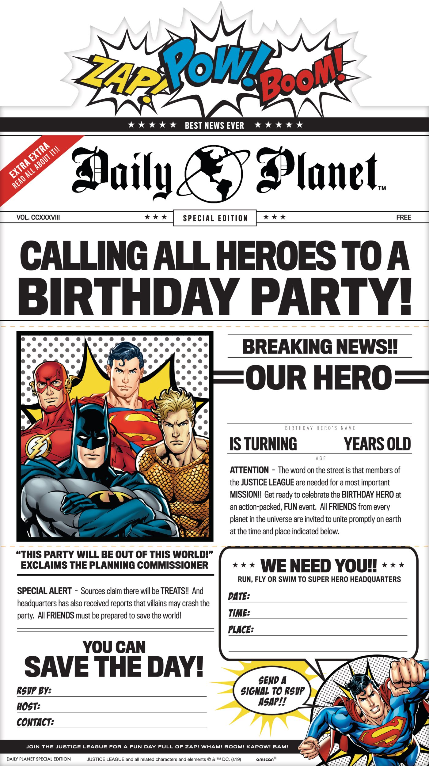 Invitations pour fête d'anniversaire format carte postale La Ligue des Justiciers de Batman, paq. 8 Front_Flat