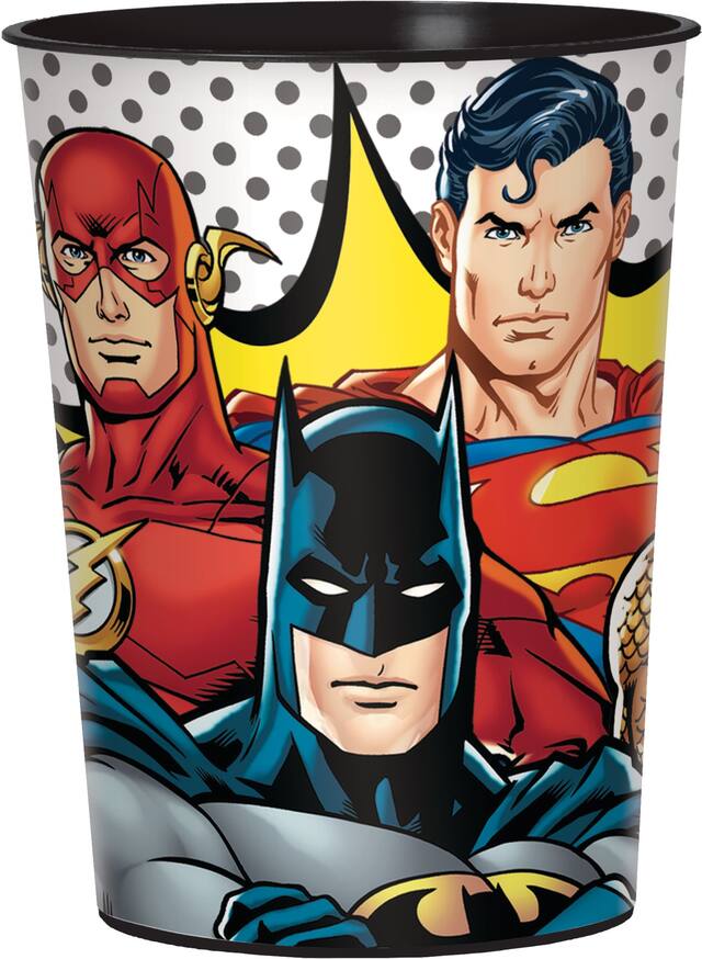 DC Justice League Batman/Super-Man/Flash Plastic Reusable Favour Cup, Red/Yellow, 16-oz, for Birthday Party Front_Elevated