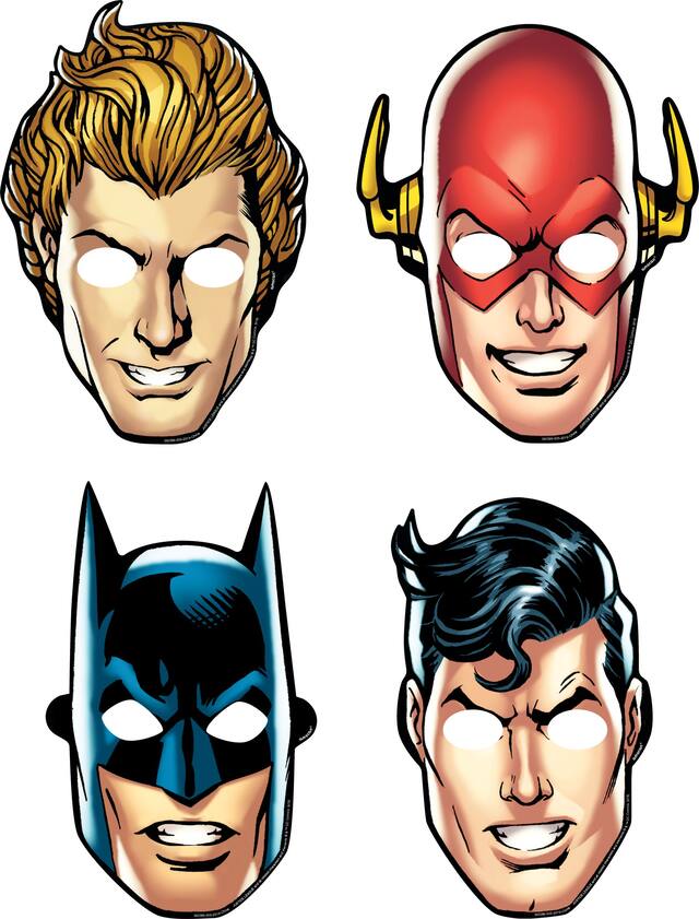 DC Justice League Batman/Superman/Flash/Aquaman Paper Masks, Multi-Coloured, One Size, 8-pk, Wearable Costume Accessories for Birthdays/Halloween Front_Flat