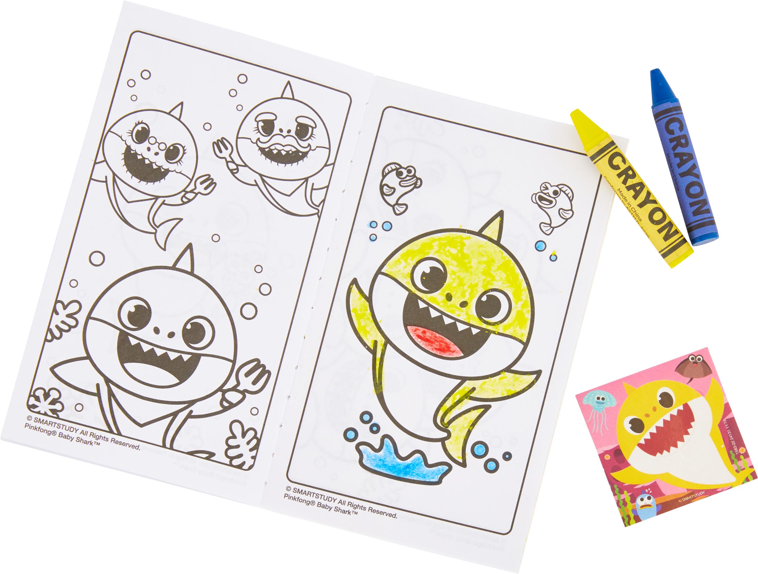 Baby Shark Play Back with Colouring Book, Crayons & Stickers, Yellow/Blue, 10-pk, Ages 5+, for Arts & Crafts/Birthday Favour Overhead_Flat