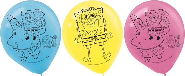 Ballons en latex, Bob l'éponge, bleu/rose/jaune, paq. 6 Front_Flat