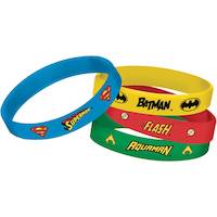 DC Justice League Batman/Superman/Flash/Aquaman Rubber Bracelet Wristbands, Yellow/Blue/Red/Green, One Size, 4-pk, Wearable Favours  for Birthdays Composite_or_Mixed