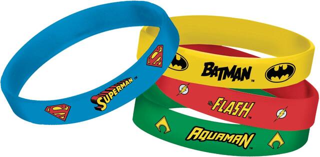 DC Justice League Batman/Superman/Flash/Aquaman Rubber Bracelet Wristbands, Yellow/Blue/Red/Green, One Size, 4-pk, Wearable Favours  for Birthdays Composite_or_Mixed