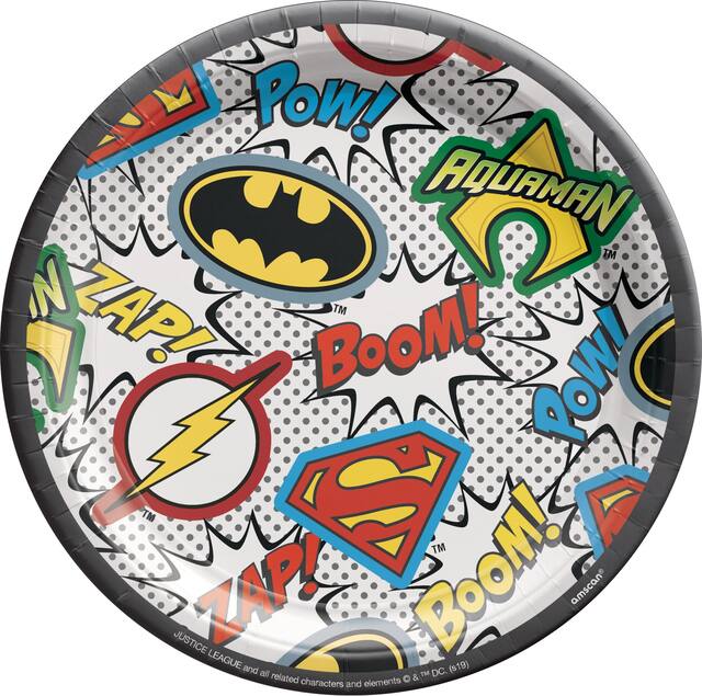 DC Justice League "Boom! Zap! Pow!" Round Paper Disposable Dessert Plates, Multi-Coloured, 7-in, 8-pk, for Birthday Party Overhead_Flat