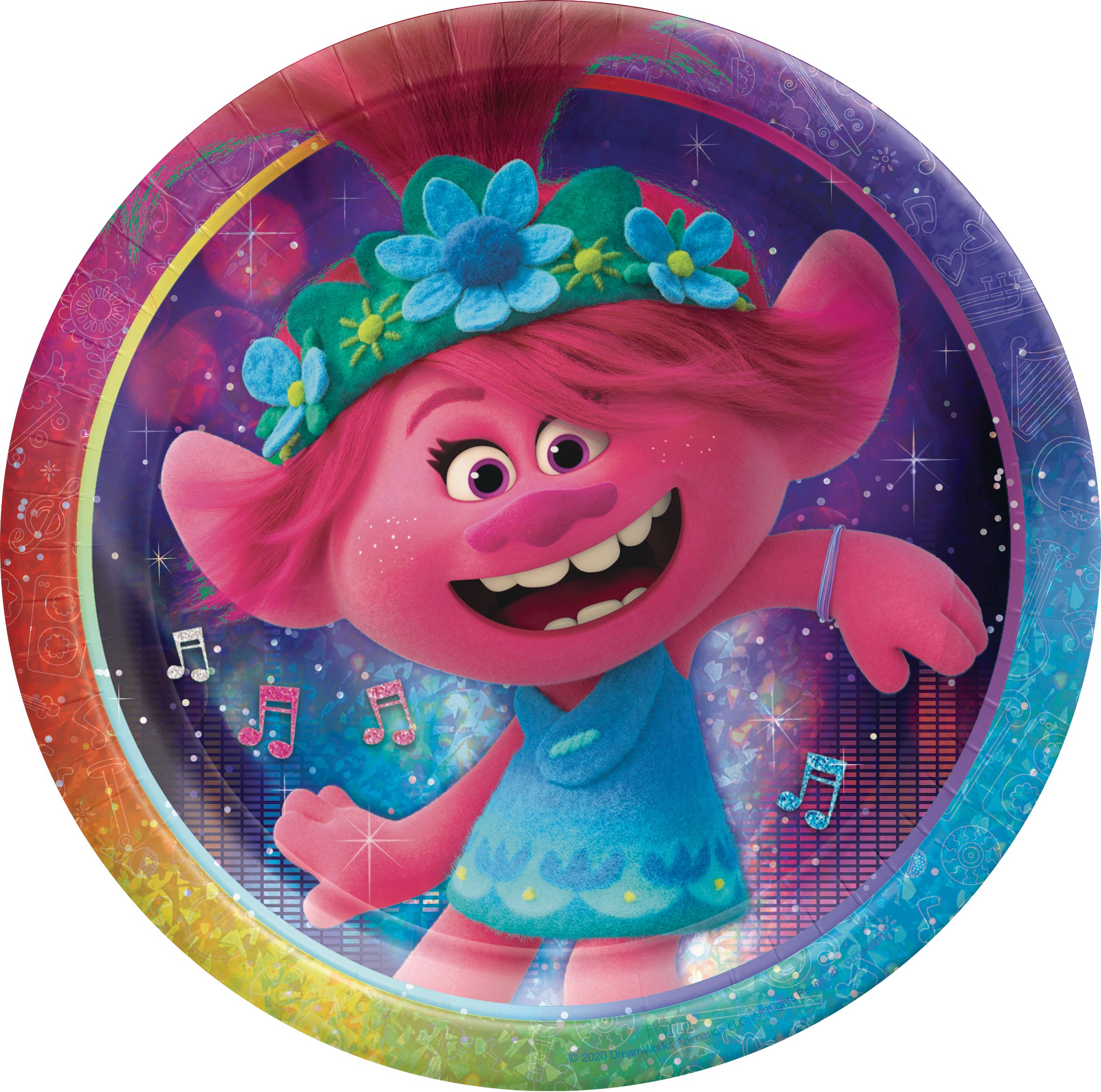 Prismatic Trolls World Tour Birthday Party Lunch Plates, 9-in, 8-pk Overhead_Flat