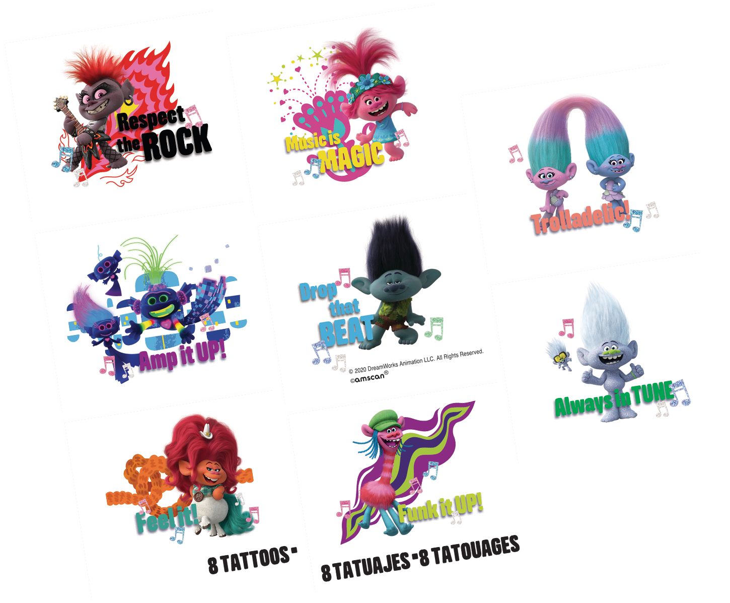 Trolls "Music is Magic" Assorted Temporary Tattoos, Multi-Coloured, 8-pk, Wearable Favours  for Birthdays Overhead_Flat
