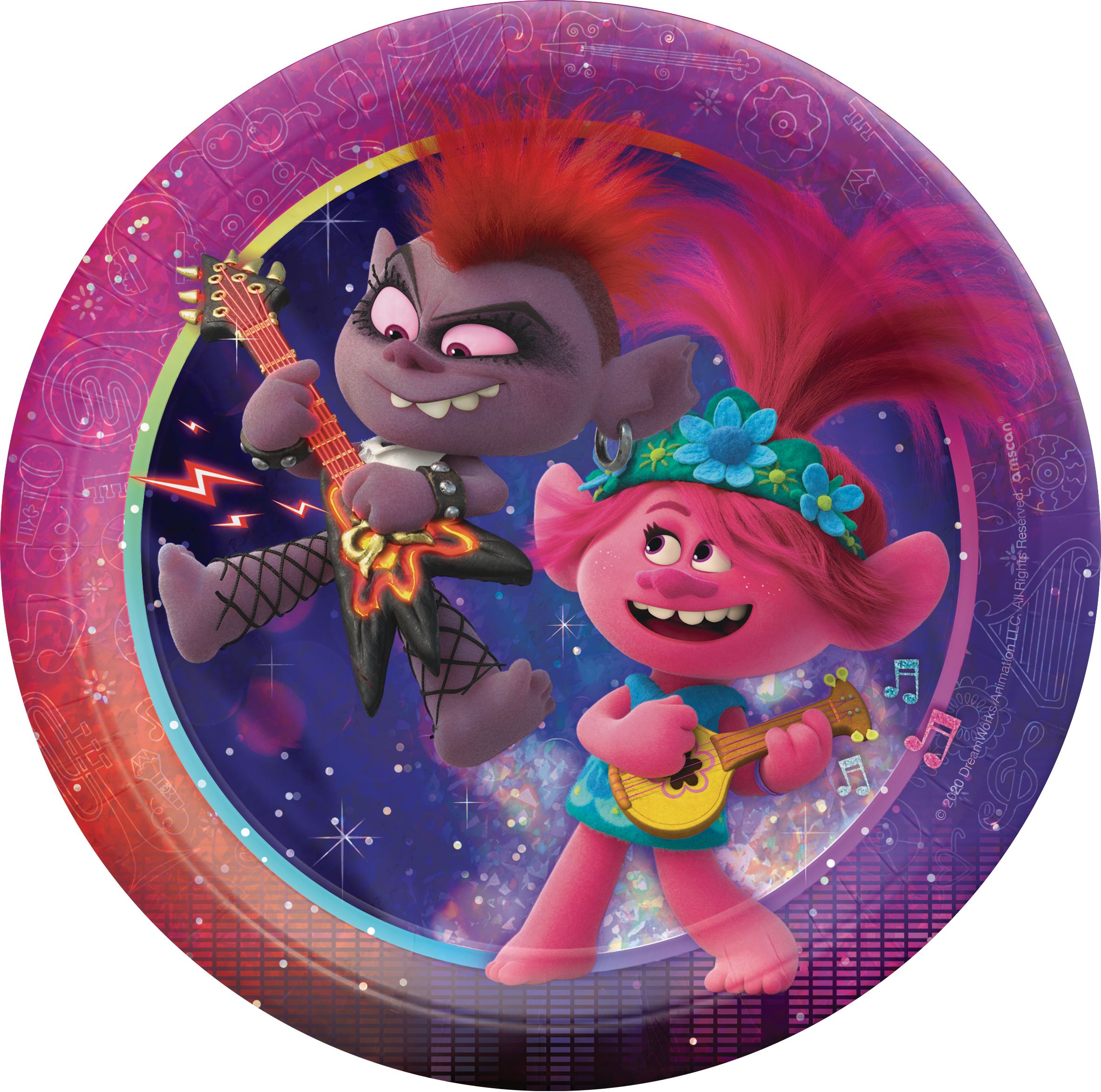 Trolls World Tour Prismatic Birthday Party Disposable Dessert Plates, 7-in, 8-pk Overhead_Flat