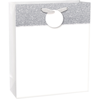 Paper Gift Bag, White/Silver, 18-in, for Birthday/Wedding/Anniversary Front_Angled_Right