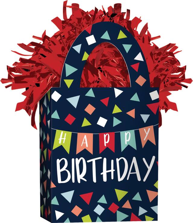 Poids pour ballons en forme de sac-cadeau Une raison de célébrer Happy Birthday, rouge/bleu, 5,5 po, pour fête d'anniversaire Front_Angled_Right