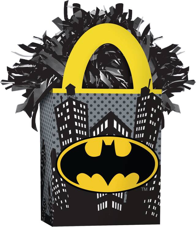 DC Batman Gift Bag Shaped Balloon Weight Accessory, Black/Yellow, 5.5-in, for Birthday Party Front_Angled_Right