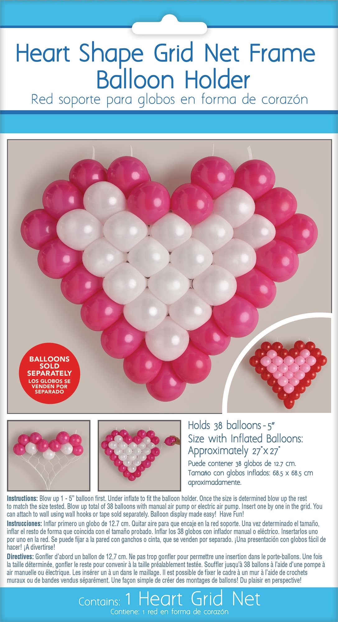 Heart Shape Balloon Grid Net Frame Holder, Clear, 27-in, for Valentine's Day/Anniversary/Wedding/Baby Shower/Birthday Front_Flat