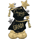 "Congrats Grad" Graduation Cap Satin Foil Balloon, Black/Gold, 50-in, Air-Filled for Graduation Front_Flat