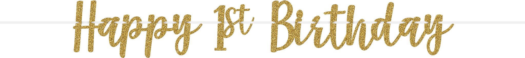 "Happy 1st Birthday" Glitter Hanging Garland Banner Decoration, Gold, 12-ft, for Birthday Party Front_Flat
