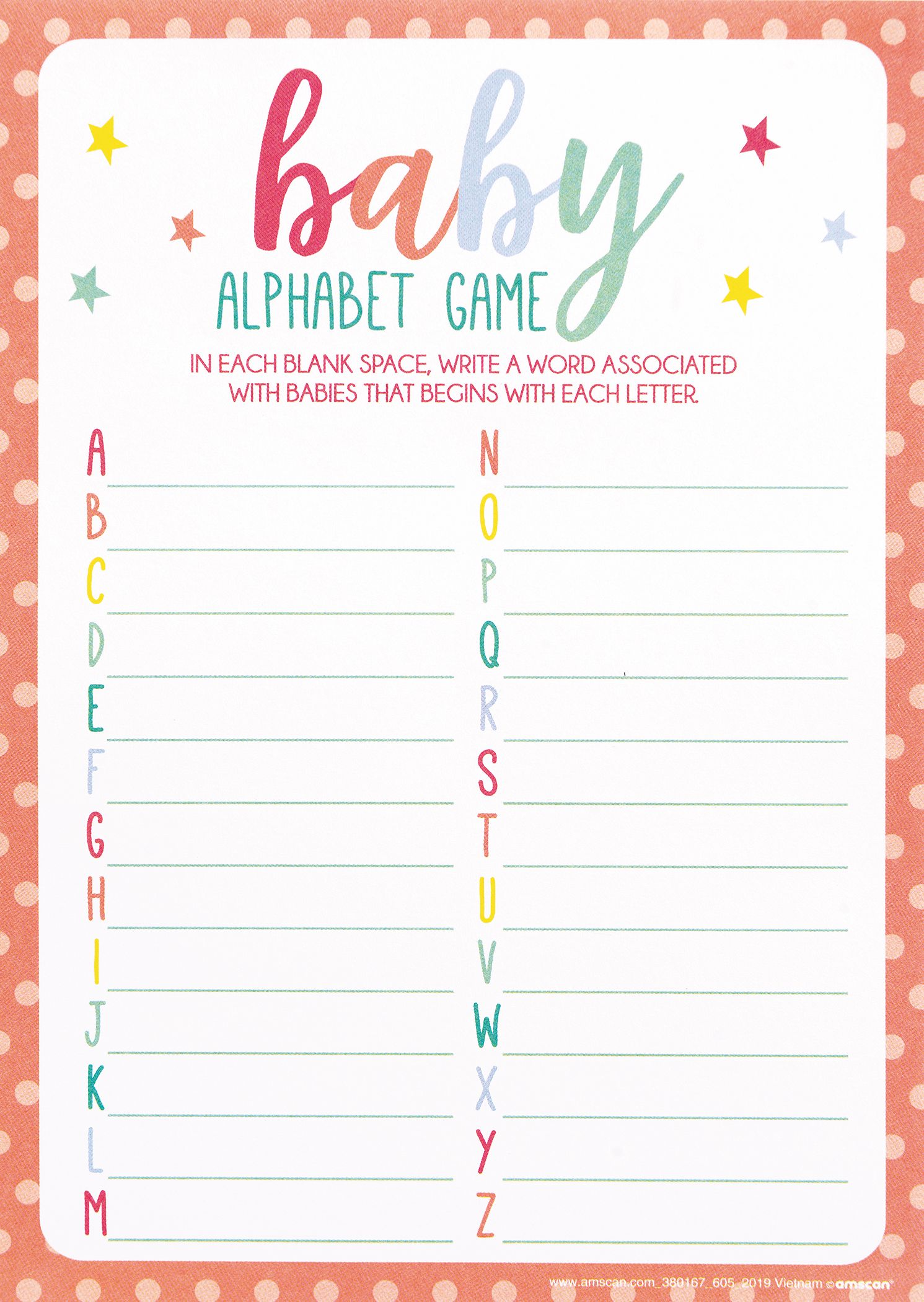 Alphabet Baby Shower Game, Multi-Coloured, 24-pk, for Baby Shower Front_Flat
