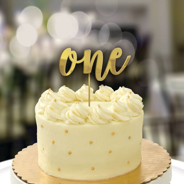 First Birthday "One" Foil Cake Treat Topper, Gold, 7-in, for Birthday Party Front_Elevated