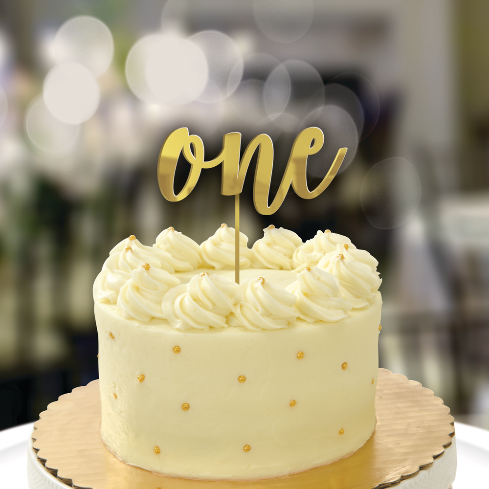 Décoration de gâteau miroir 1er anniversaire avec « One » en écriture  artistique, or