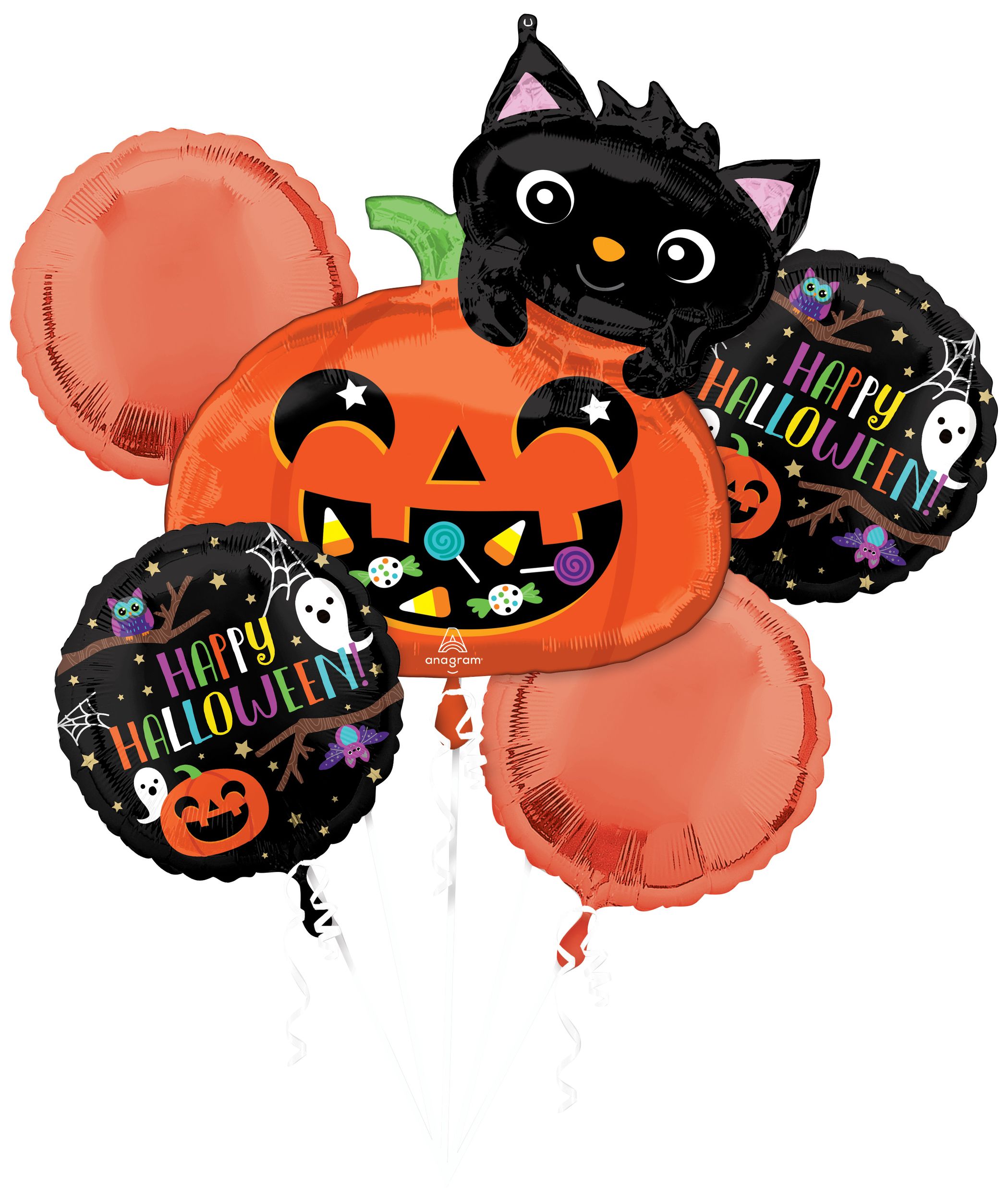 "Happy Halloween" Pumpkin/Cat/Round  Satin Foil Balloon Bouquet, Orange/Black, 5-pk, Helium Inflation & Ribbon Included for Halloween Front_Flat
