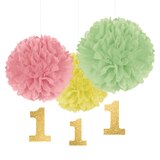 Décorations pour fête en papier avec pompons 1er anniversaire, rose/jaune/vert avec « 1 » en paillettes dorées, paq. 3 Front_Flat