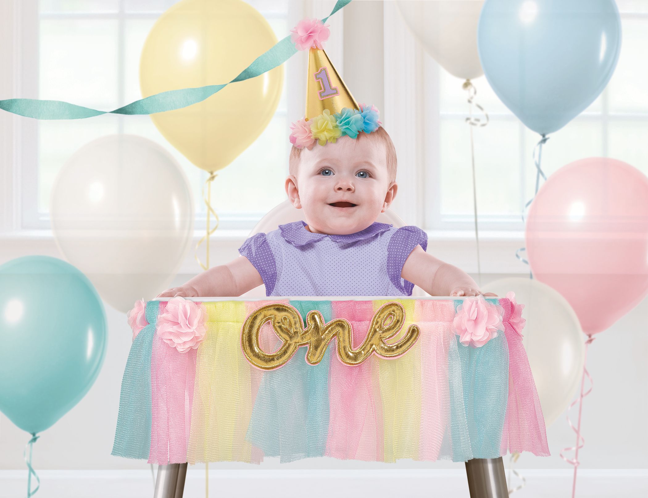 "One" High Chair Hanging Sign Decoration, Pink/Gold, Floral, 12-in, for Birthday Party Front_Flat