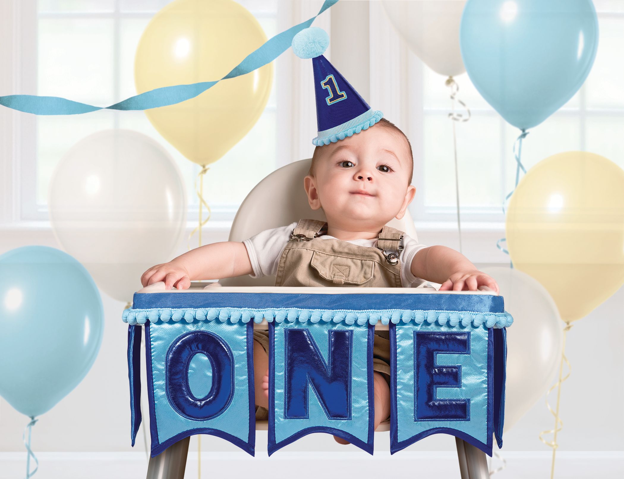 "One" High Chair Pennant Hanging Sign Decoration Blue, 12-in, for Birthday Party Front_Flat