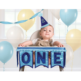 Décorations de chaise haute 1er anniversaire avec bannière « One », bleu Front_Flat