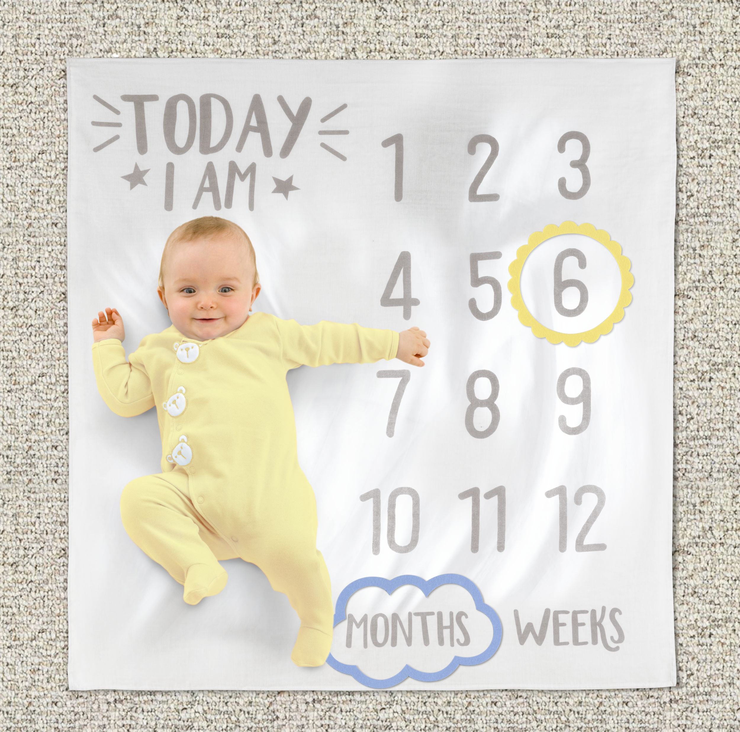 "Today I Am" Baby Milestone Photo Blanket, White/Grey, 47-in, for Baby Shower/Gender Reveal Overhead_Flat
