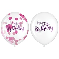 "Happy Birthday" Round Transparent Confetti Latex Balloons, Pink/Purple, 12-in, 6-pk, for Birthday Party Front_Flat