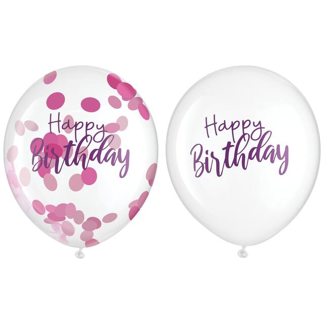 "Happy Birthday" Round Transparent Confetti Latex Balloons, Pink/Purple, 12-in, 6-pk, for Birthday Party Front_Flat