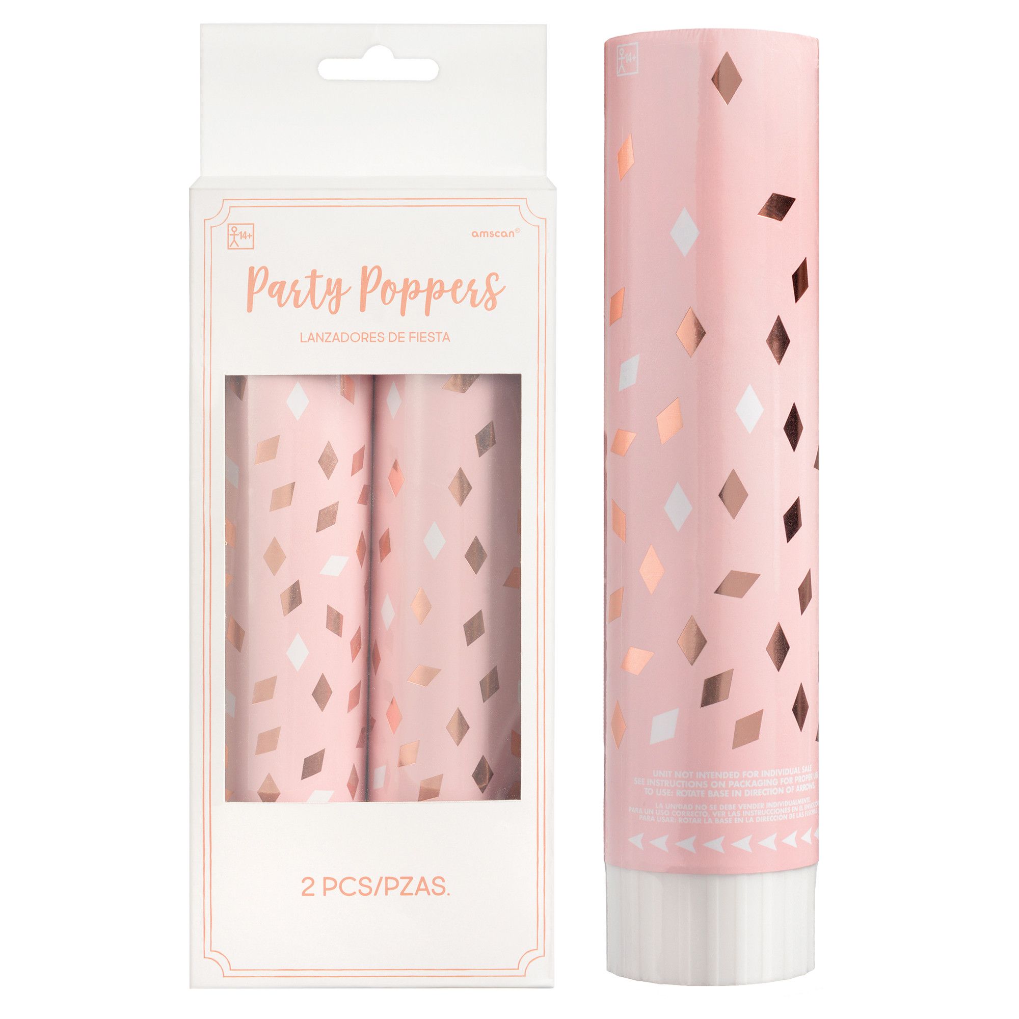 Blush Birthday Confetti Cannon Poppers, Pink/Rose Gold, 2-pk, for Birthday Party Front_Flat