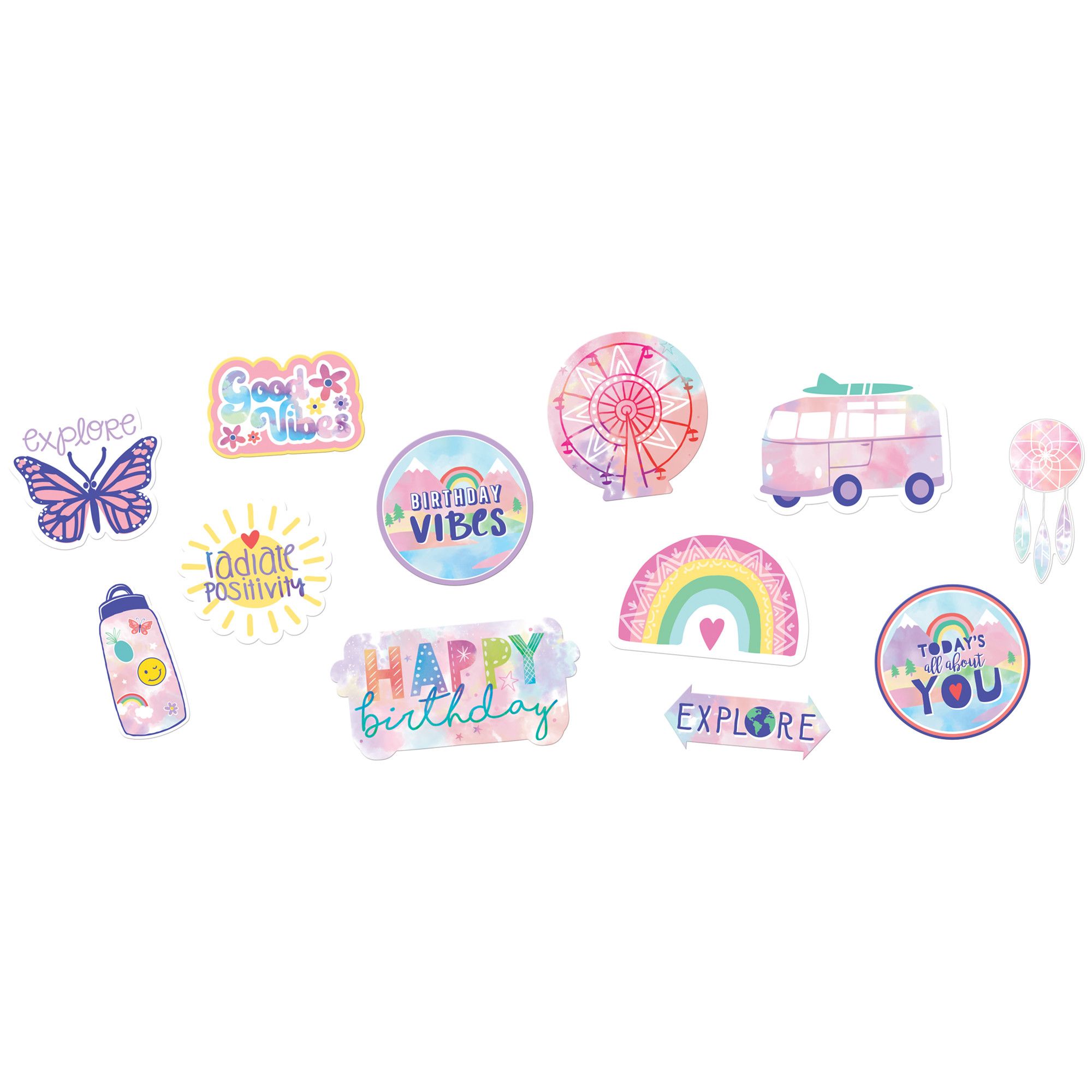 Festival Vibes "Happy Birthday" Table & Wall Cutout Decorations, Pink/Blue, 11-in, 12-pk, for Birthday Party Front_Flat