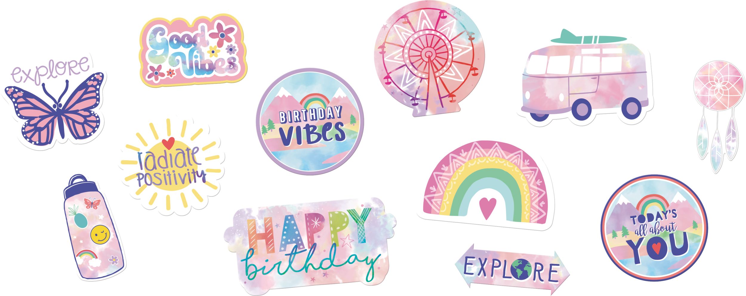 Festival Vibes "Happy Birthday" Table & Wall Cutout Decorations, Pink/Blue, 11-in, 12-pk, for Birthday Party Front_Flat