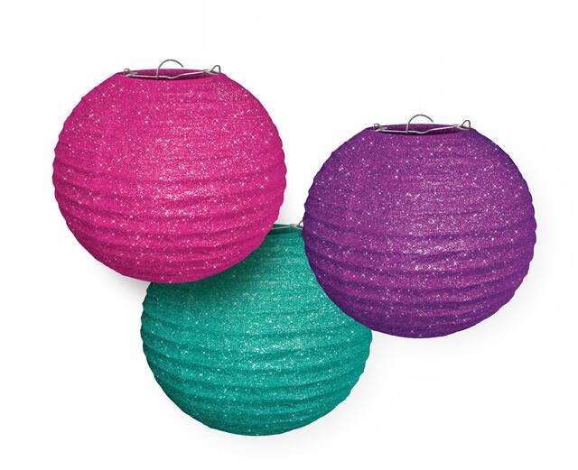 Sparkle Paper Lantern Hanging Decorations, Blue/Pink/Purple, 9.5-in, 3-pk, for Birthday Party Front_Elevated