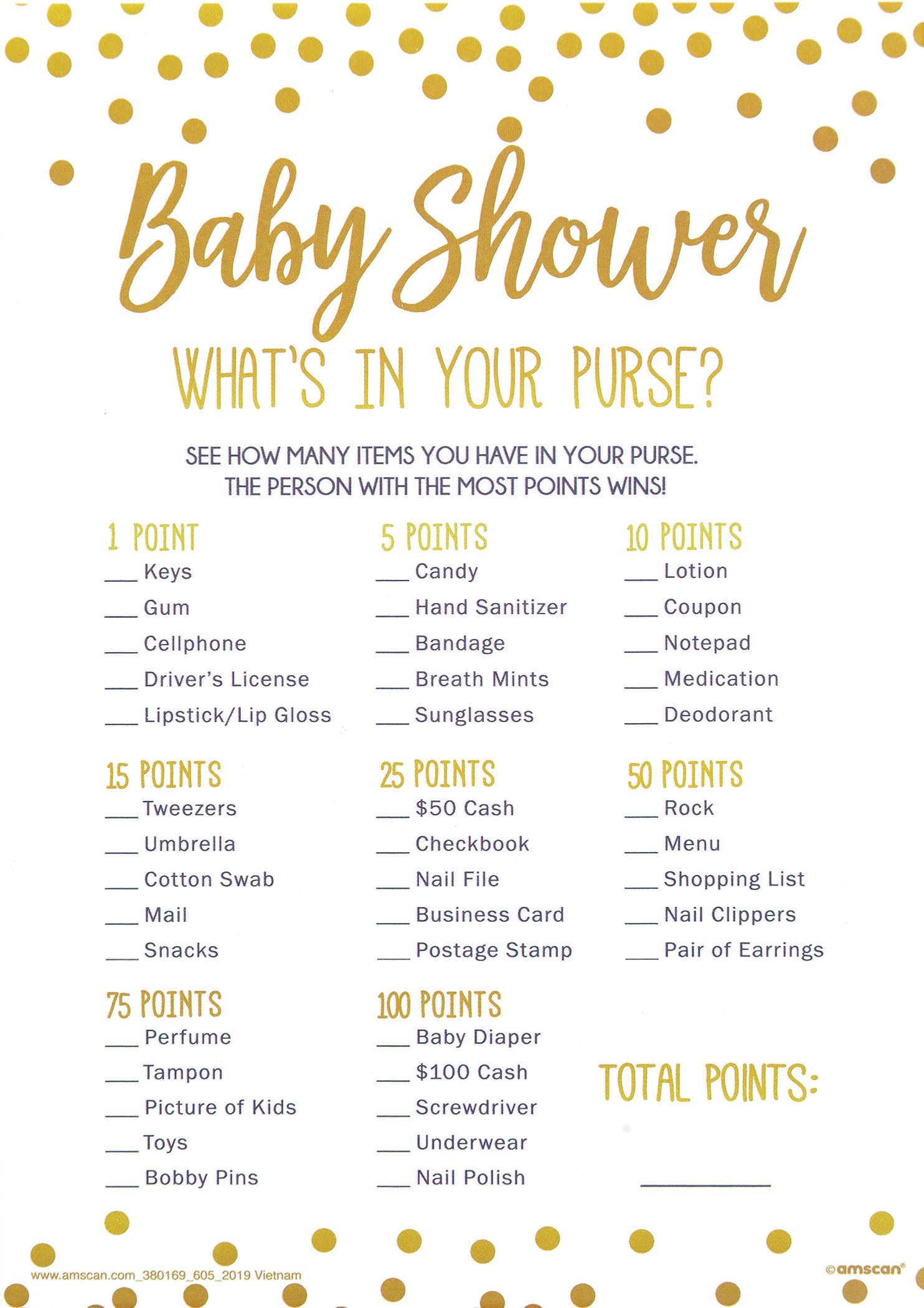 "What's in Your Purse" Baby Shower Game, Gold/White, 24-pk, for Baby Shower Front_Flat