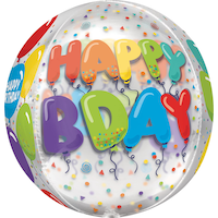 "Happy Bday" Orbz Transparent Print Foil Balloon, Multi-Coloured, 16-in, Helium Inflation & Ribbon Included for Birthday Party Front_Flat
