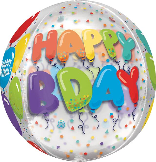 "Happy Bday" Orbz Transparent Print Foil Balloon, Multi-Coloured, 16-in, Helium Inflation & Ribbon Included for Birthday Party Front_Flat