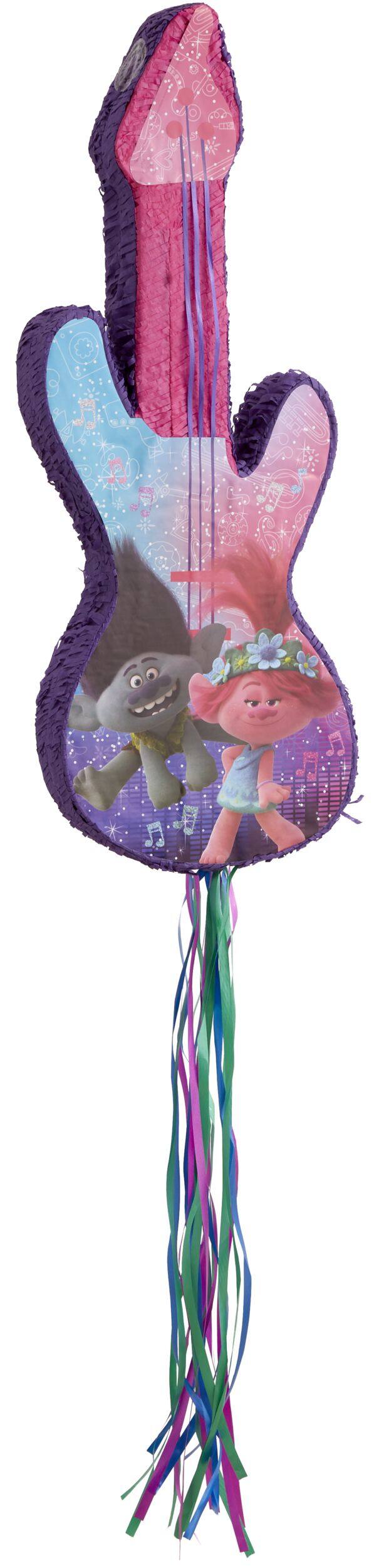 Trolls Guitar Poppy & Branch Pinata Hanging Pull String Decoration, Pink/Blue, 31-in, Holds 2lb of Pinata Filler, for Birthday Parties Front_Angled_Right