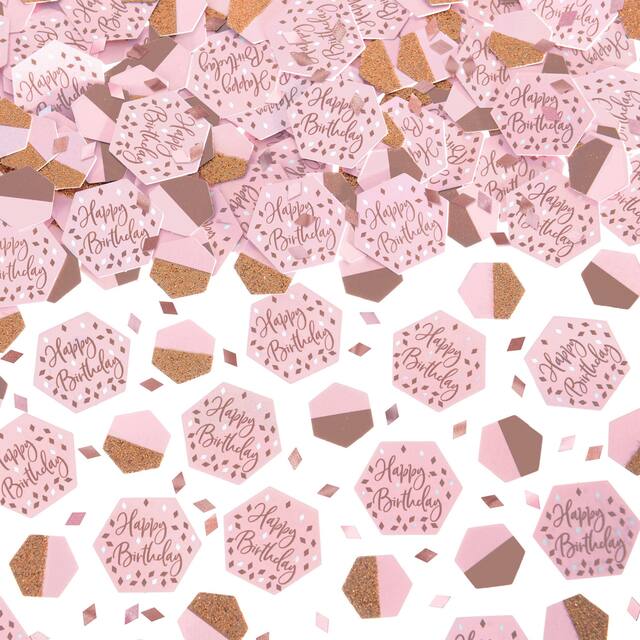 Blush Birthday "Happy Birthday" Hexagon Confetti Table Scatter Decoration, Rose Gold/Pink, 2.5-oz, for Birthday Party Overhead_Plunge
