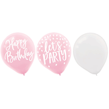 Ballons en latex ronds Blush Birthday Happy Birthday, rose/blanc, 12 po, paq. 15, pour fête d'anniversaire Front_Flat