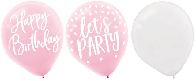 Blush Birthday "Happy Birthday" Round Latex Balloons, Pink/White, 12-in, 15-pk, for Birthday Party Front_Flat
