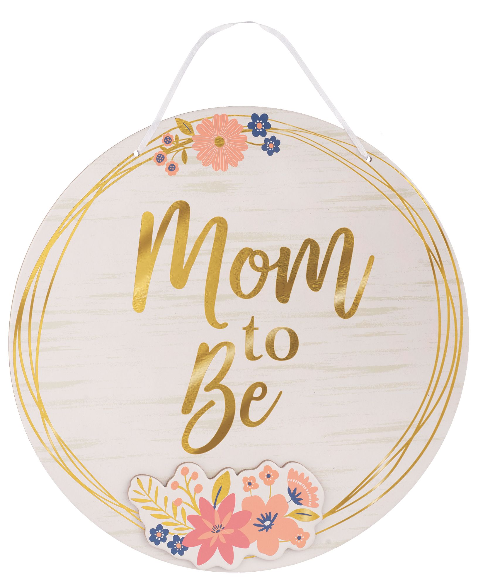 Floral Baby "Mom to Be" Chair Hanging Sign Decoration, Gold/White, Floral, 9-in, for Baby Shower Front_Flat