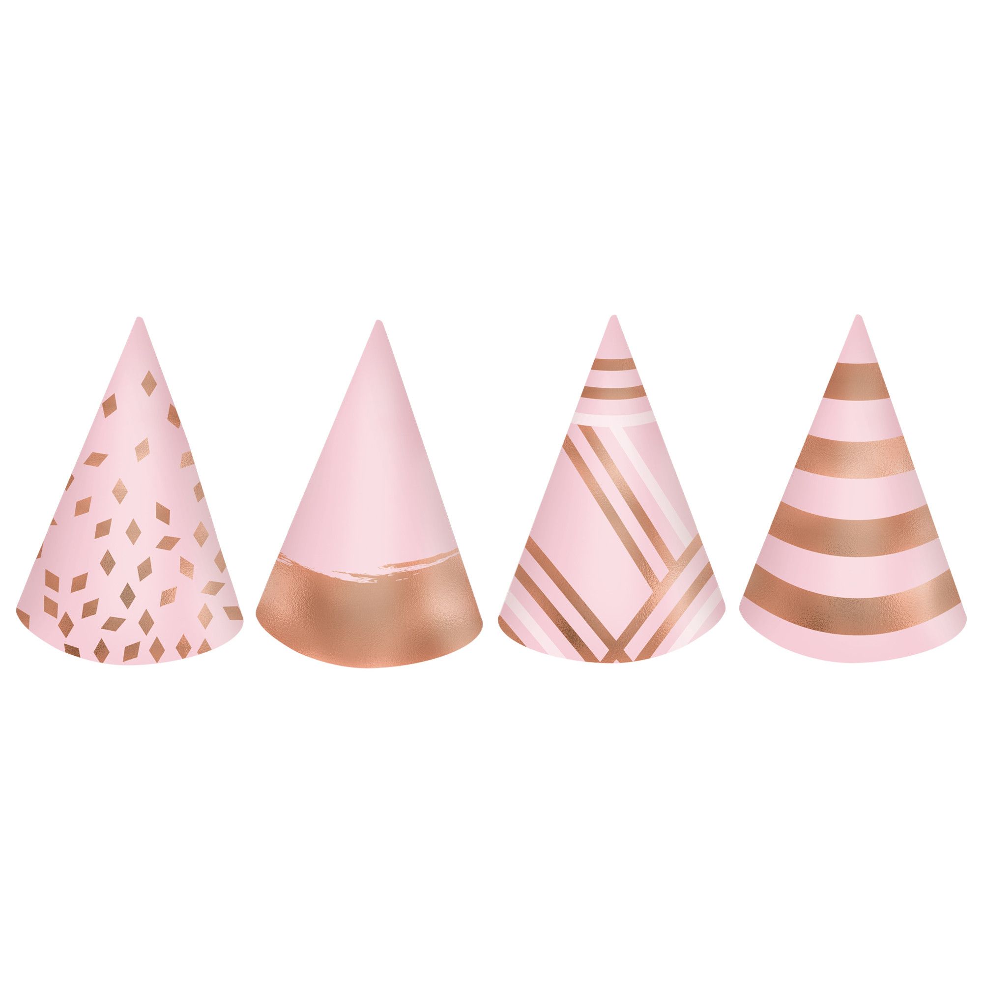 Blush Birthday Metallic Cone Party Hats, Rose Gold/Pink, One Size, 12-pk, Wearable Accessories for Birthdays Front_Flat