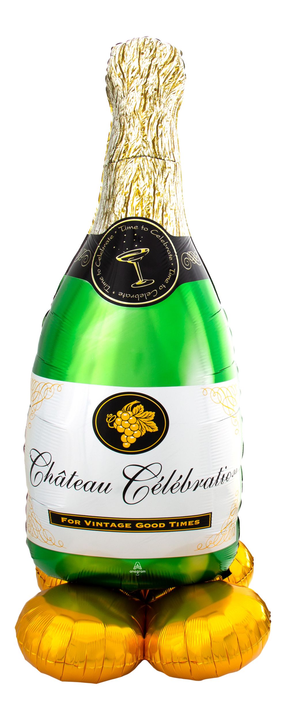 Ballon en aluminium satiné bouteille de champagne For Vintage Good Times, vert/or, 60 po, gonflé d'air, pour veille du jour de l'An/anniversaire/remise de diplôme Front_Flat