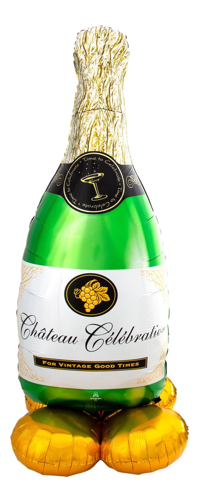 "For Vintage Good Times" Champagne BottleSatin Foil Balloon, Green/Gold, 60-in, Air-Filled for New Year's Eve/Anniversary/Graduation Front_Flat