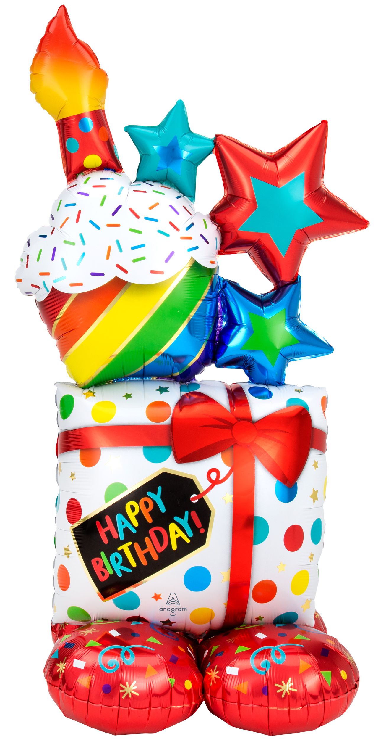 Happy Birthday Present/Star/Cupcake Satin Foil Party Balloon, Air-Filled, 55-in Front_Flat