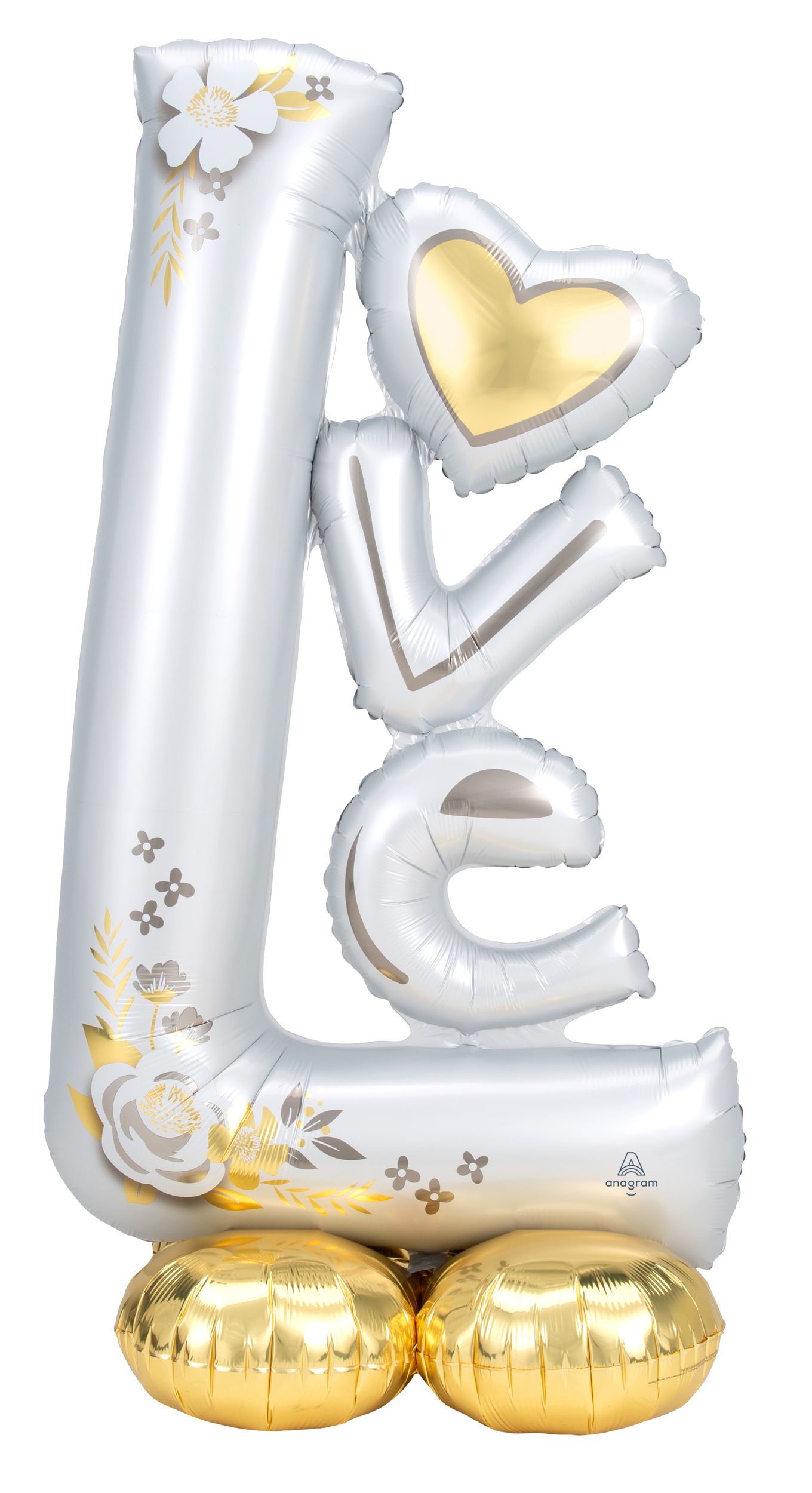 "Love" Letters Satin Foil Balloon, White/Gold, 58-in, Air-Filled for Anniversary/Wedding Front_Flat