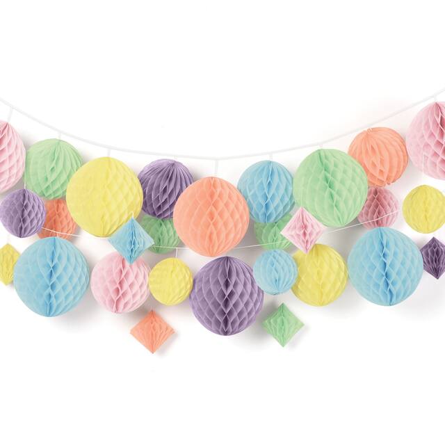 Honeycomb Hanging Garland Banner Decorations, Pastel Multi-Coloured, 12-ft, 29-pk, for Birthday Party/Baby Shower Decorations Front_Flat