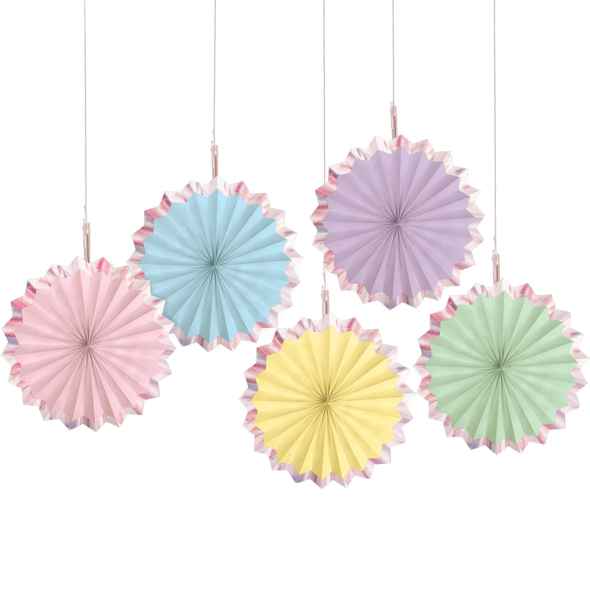 Fan Hanging Sign Decorations, Pastel Multi-Coloured, 7-in, 5-pk, for Birthday Party Decorations Front_Flat